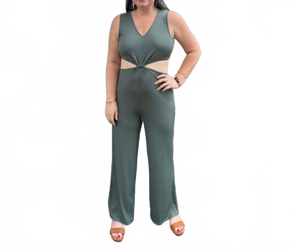 NEW ENTRO solid ribbed v-neck sleeveless jumpsuit in hunter green